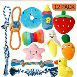 12 Puppy Dog Toys Set - NON TOXIC Teething  100% Cotton Ropes Squeaky Soft Plush